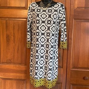 3/4 sleeve black white and yellow dress